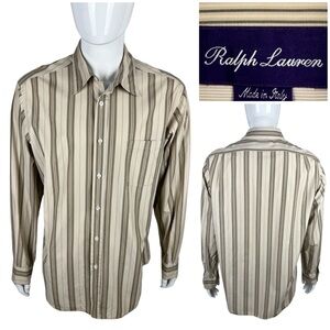 Ralph Lauren Purple Label Mens XL Shirt Striped Tan Beige Cotton Made In Italy